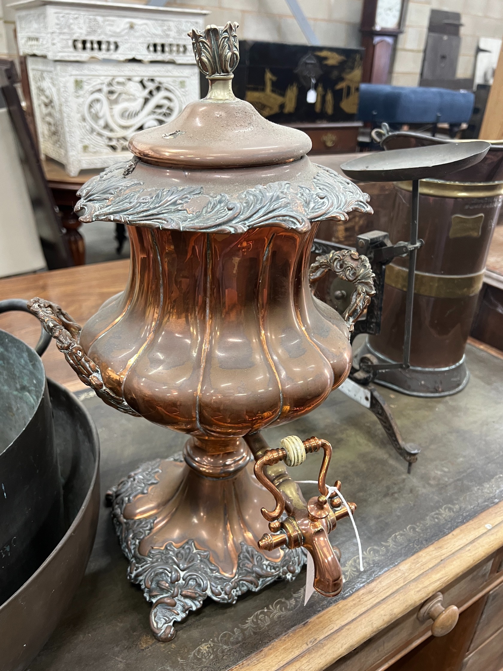 A Victorian copper samovar, a copper and brass measure, a preserve pan, scales etc.